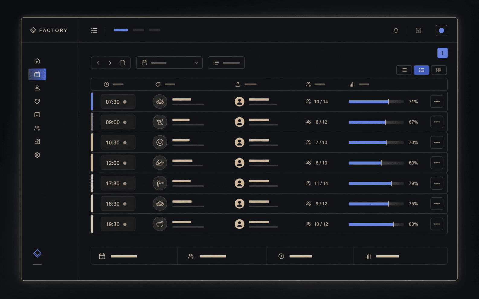 Classes and spots dashboard Studio interface for managing classes, available spots, assigned teachers, bookings, and student attendance