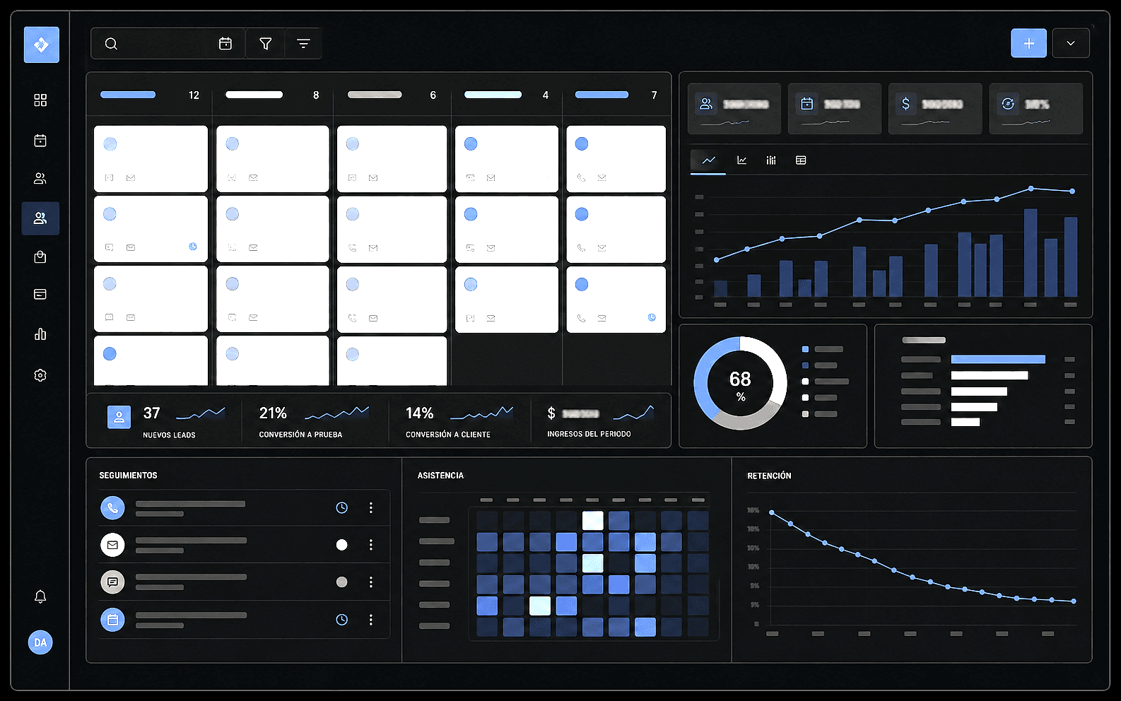 CRM and student analytics Studio interface with lead pipeline, commercial follow-ups, attendance, sales, retention analytics, and continuity signals