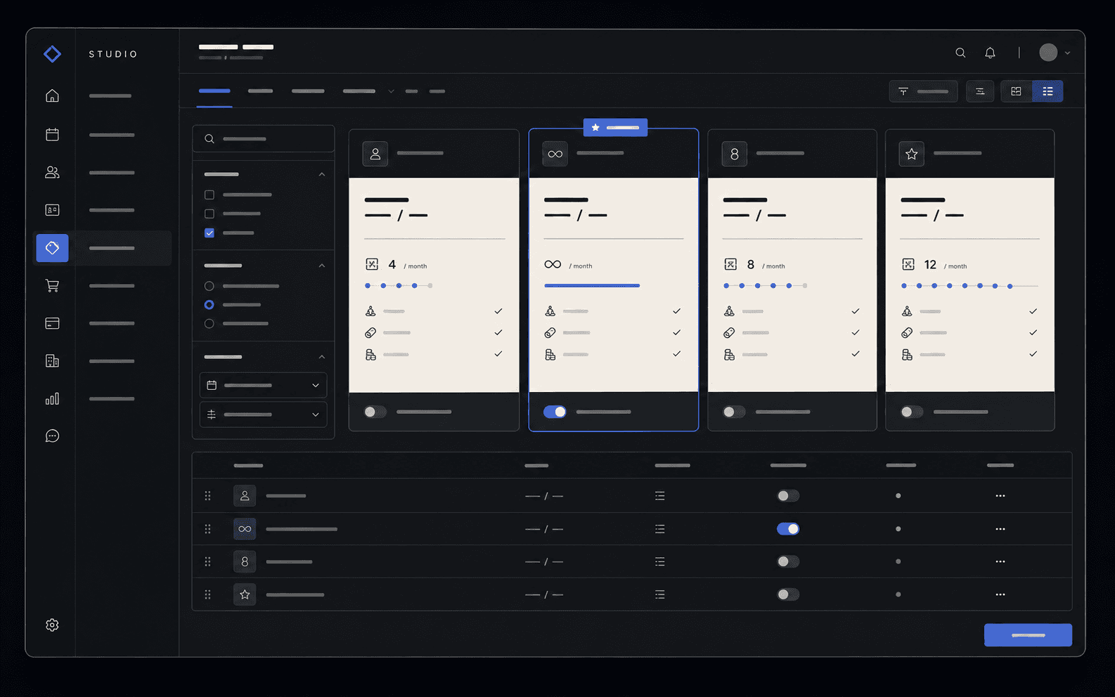 Packs and memberships catalog Studio interface for selling class packs, monthly memberships, included spots, and membership expiration dates