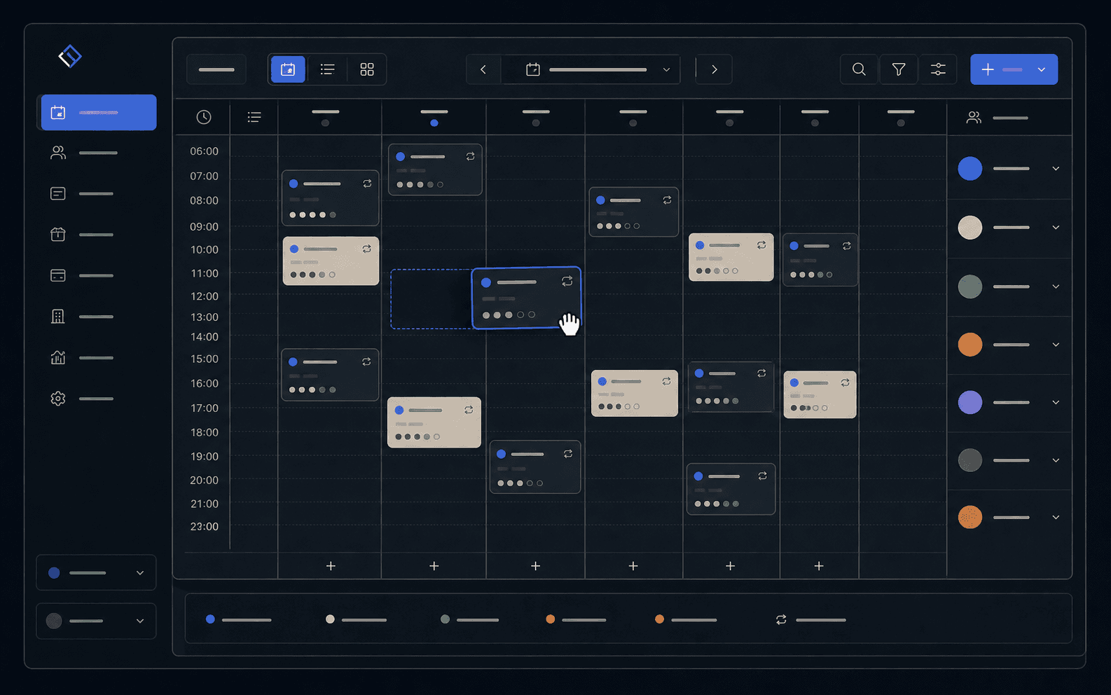Recurring weekly agenda Studio interface with weekly agenda for recurring classes, locations, rooms, and date-level schedule changes